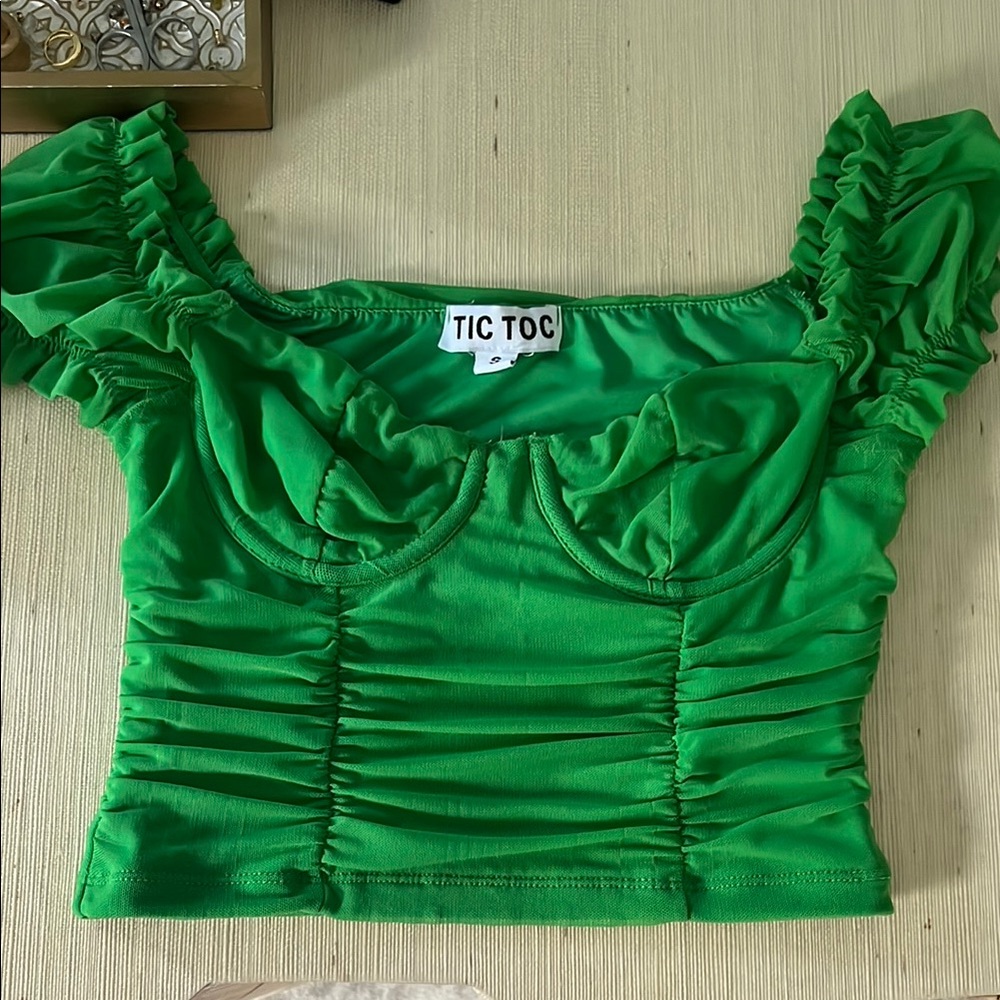 Green Puff Sleeve Ruched Crop Blouse
